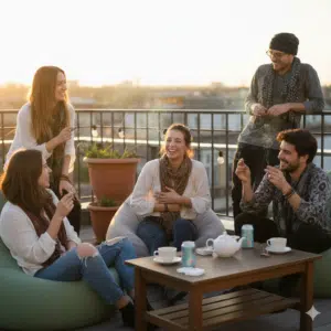 people having fun and being social and giggling without alcohol but smoking