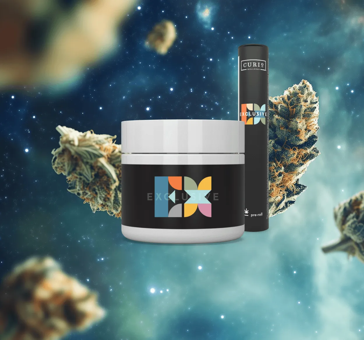 Curio cannabis product package floating in cosmic space with stars and nebula background