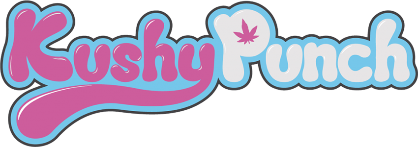 Kush Punch cannabis strain logo with pink and blue text and maple leaf symbol