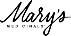 Mary's Medicinals logo with cursive text and product branding for cannabis dispensary
