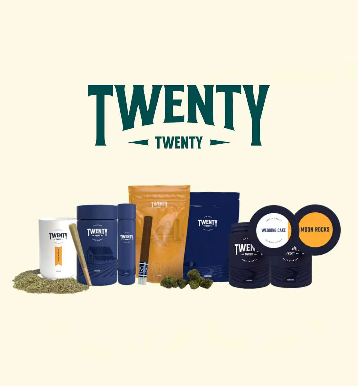Twenty Twenty cannabis product collection display including jars, containers, and packaging in various colors