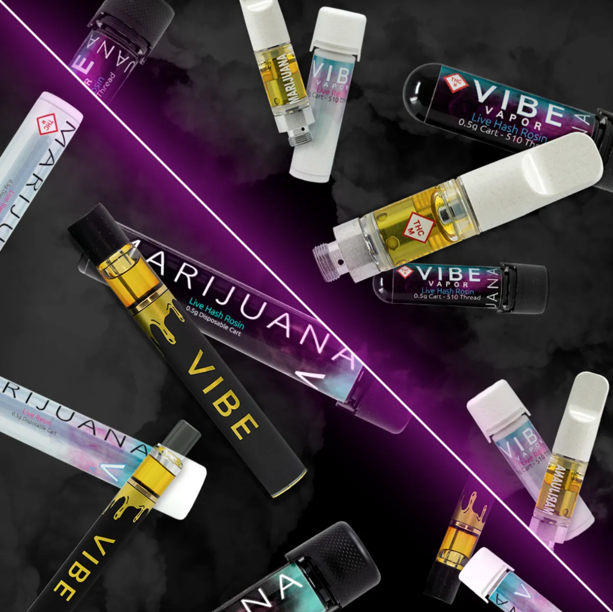 Assorted cannabis products and vape devices arranged on purple and black promotional display surface